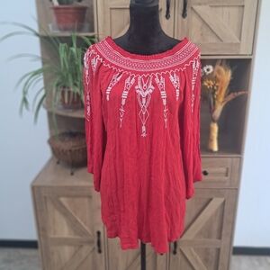 Terre Bleue Lg Tunic Peasant Top Red Off/On Shoulder Smocking Embroidered Boho